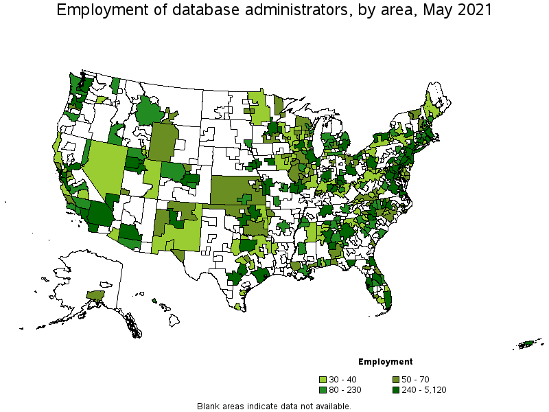 Map of employment of database administrators by area, May 2021