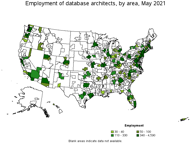 Map of employment of database architects by area, May 2021
