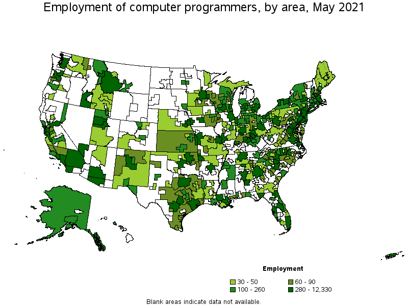 Map of employment of computer programmers by area, May 2021
