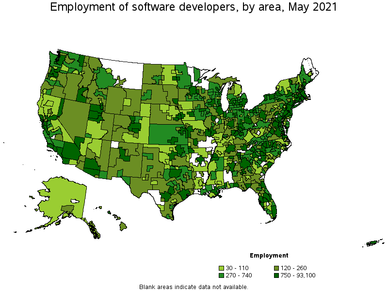 Map of employment of software developers by area, May 2021