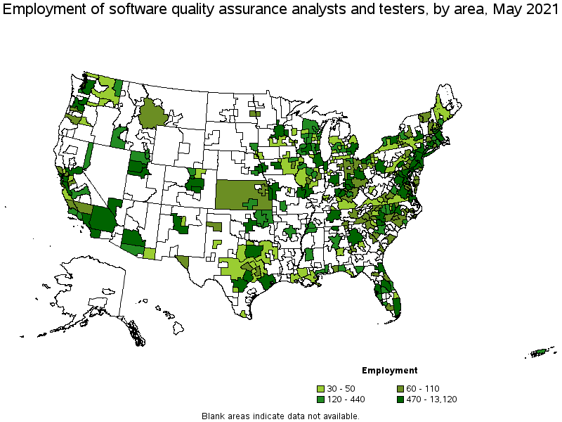 Map of employment of software quality assurance analysts and testers by area, May 2021