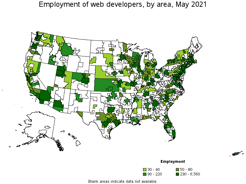 Map of employment of web developers by area, May 2021