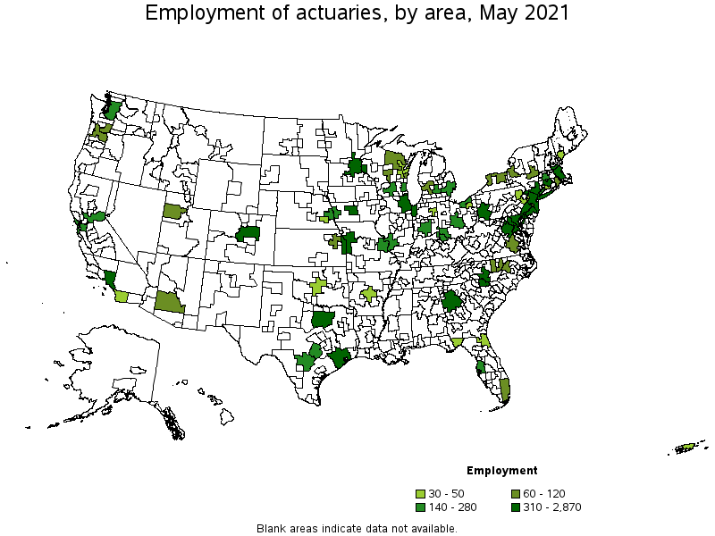 Map of employment of actuaries by area, May 2021