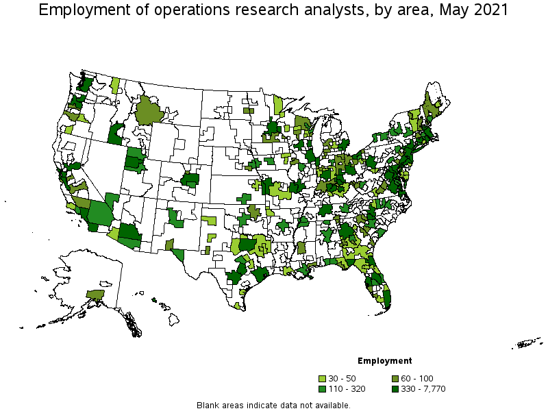 Map of employment of operations research analysts by area, May 2021