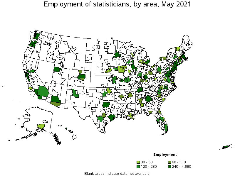 Map of employment of statisticians by area, May 2021