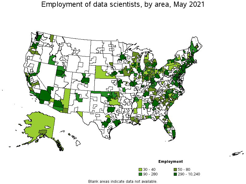 Map of employment of data scientists by area, May 2021
