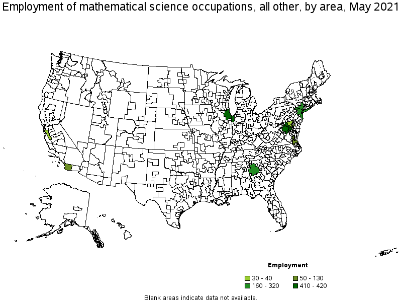 Map of employment of mathematical science occupations, all other by area, May 2021