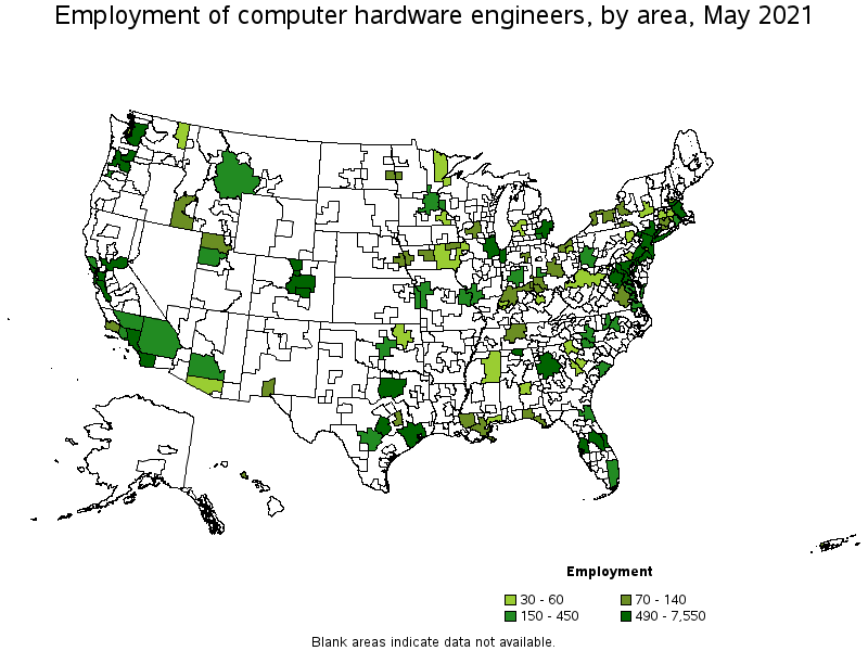 Map of employment of computer hardware engineers by area, May 2021