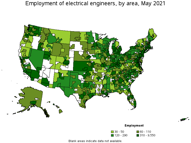 Map of employment of electrical engineers by area, May 2021