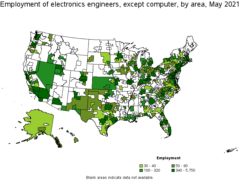 Map of employment of electronics engineers, except computer by area, May 2021