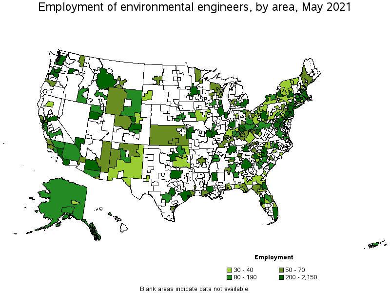 Map of employment of environmental engineers by area, May 2021