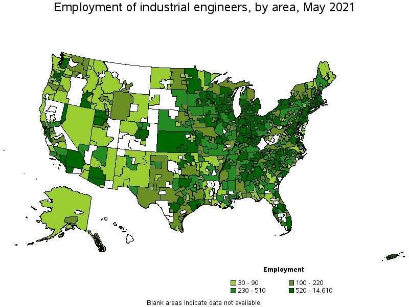 Map of employment of industrial engineers by area, May 2021