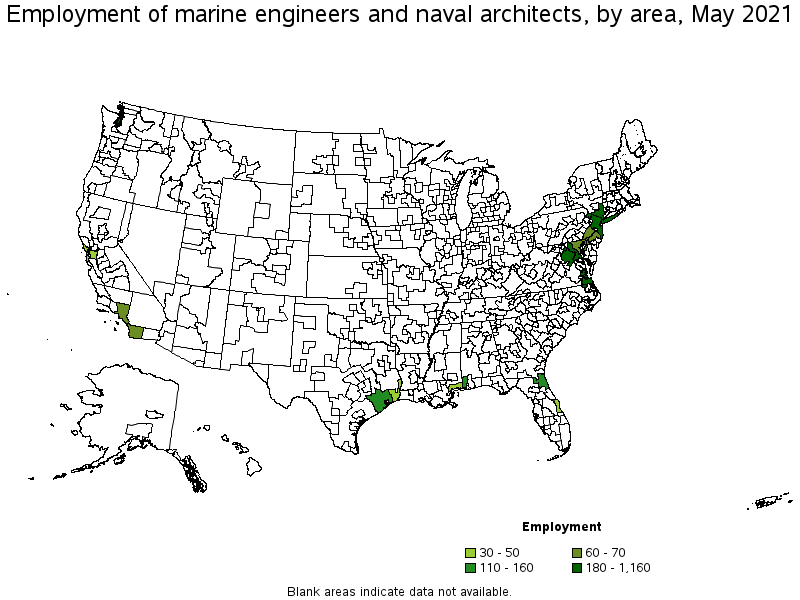Map of employment of marine engineers and naval architects by area, May 2021