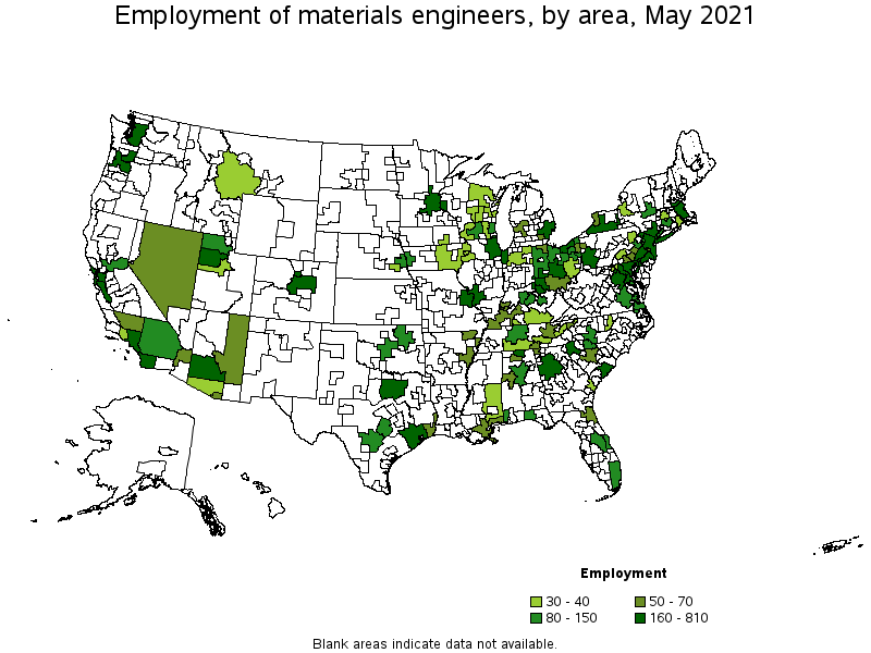 Map of employment of materials engineers by area, May 2021