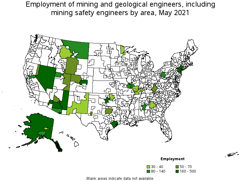 Map of employment of mining and geological engineers, including mining safety engineers by area, May 2021
