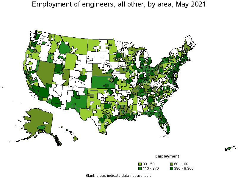Map of employment of engineers, all other by area, May 2021