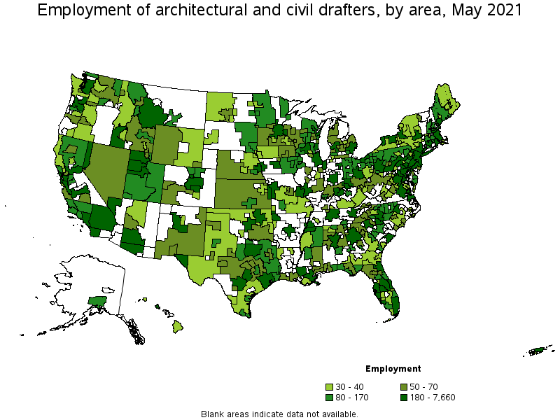 Map of employment of architectural and civil drafters by area, May 2021