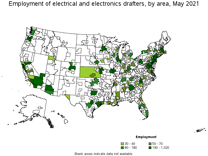 Map of employment of electrical and electronics drafters by area, May 2021
