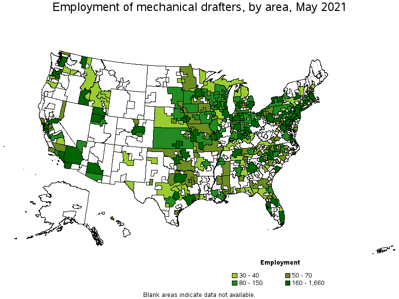 Map of employment of mechanical drafters by area, May 2021