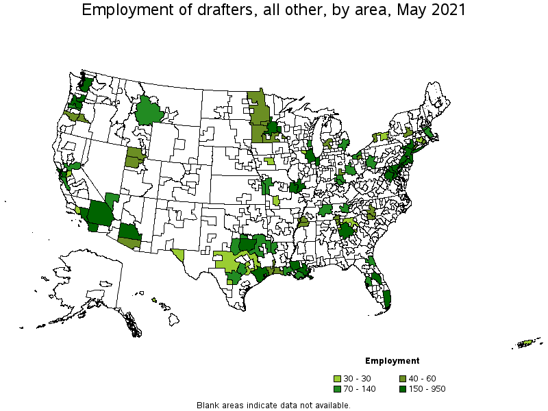 Map of employment of drafters, all other by area, May 2021