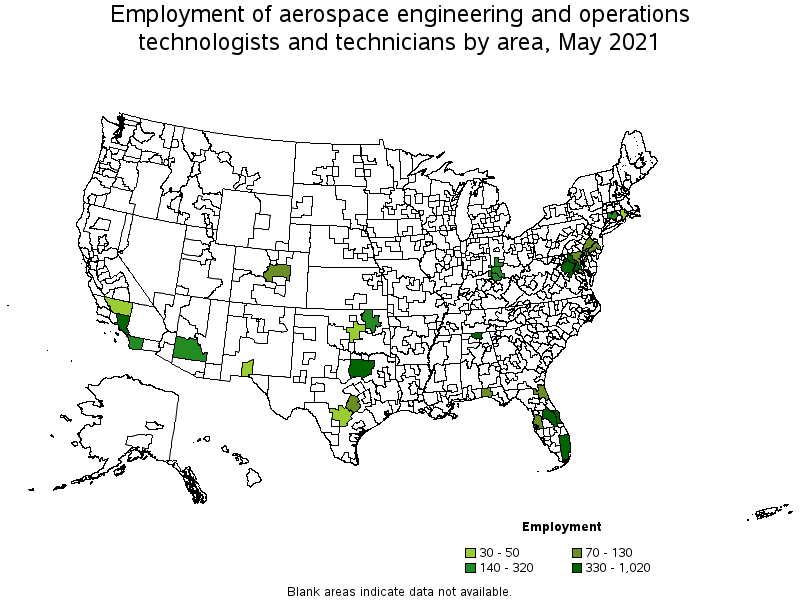 Map of employment of aerospace engineering and operations technologists and technicians by area, May 2021