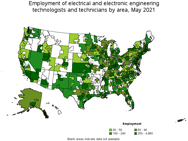 Map of employment of electrical and electronic engineering technologists and technicians by area, May 2021