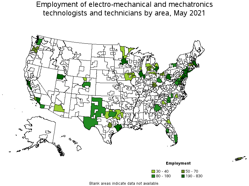 Map of employment of electro-mechanical and mechatronics technologists and technicians by area, May 2021