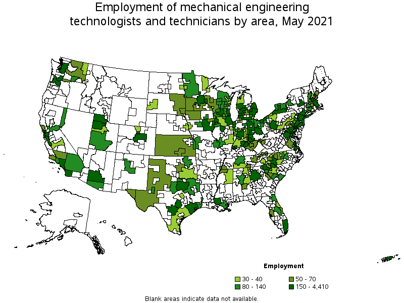 Map of employment of mechanical engineering technologists and technicians by area, May 2021