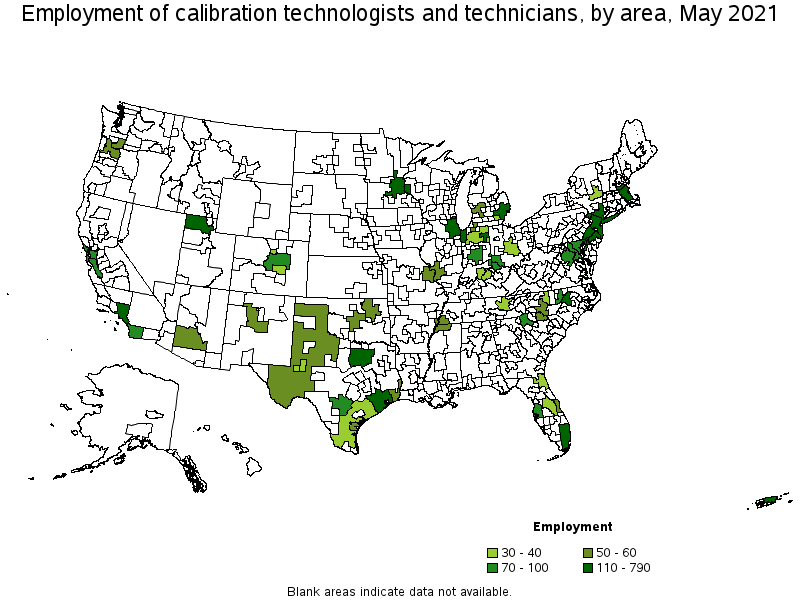 Map of employment of calibration technologists and technicians by area, May 2021