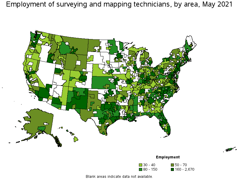 Map of employment of surveying and mapping technicians by area, May 2021