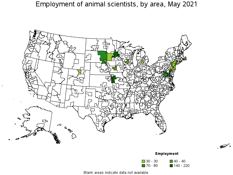 Map of employment of animal scientists by area, May 2021