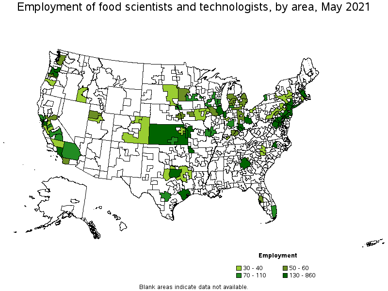 Map of employment of food scientists and technologists by area, May 2021