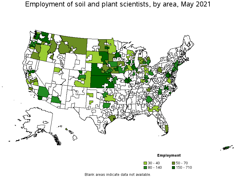 Map of employment of soil and plant scientists by area, May 2021