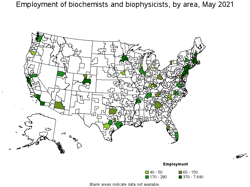 Map of employment of biochemists and biophysicists by area, May 2021