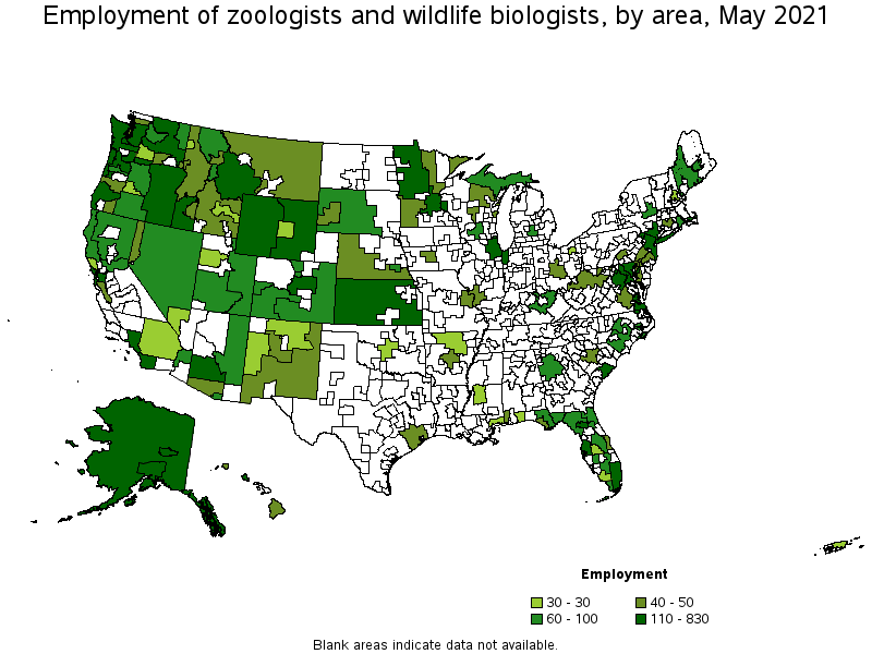 Map of employment of zoologists and wildlife biologists by area, May 2021