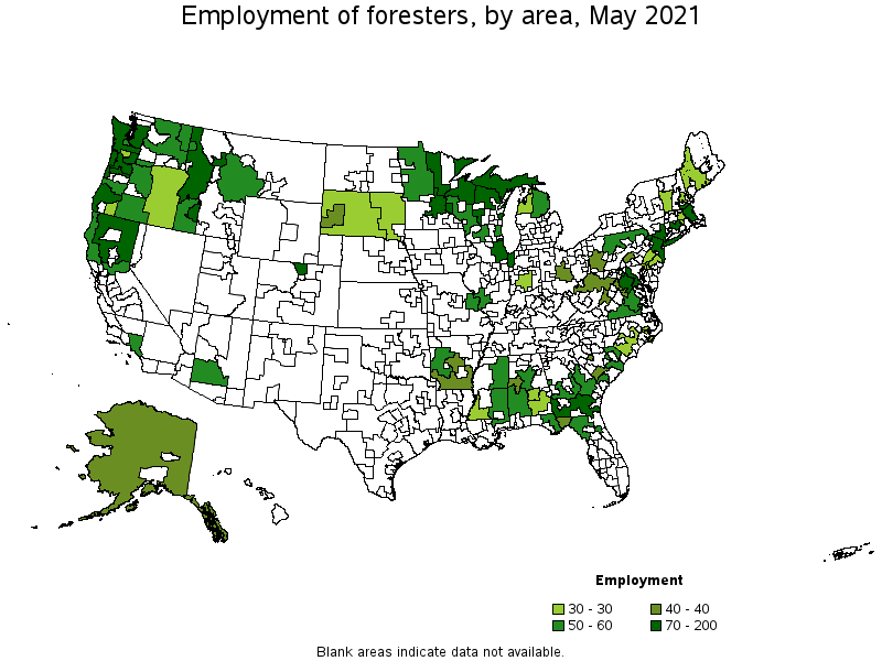 Map of employment of foresters by area, May 2021