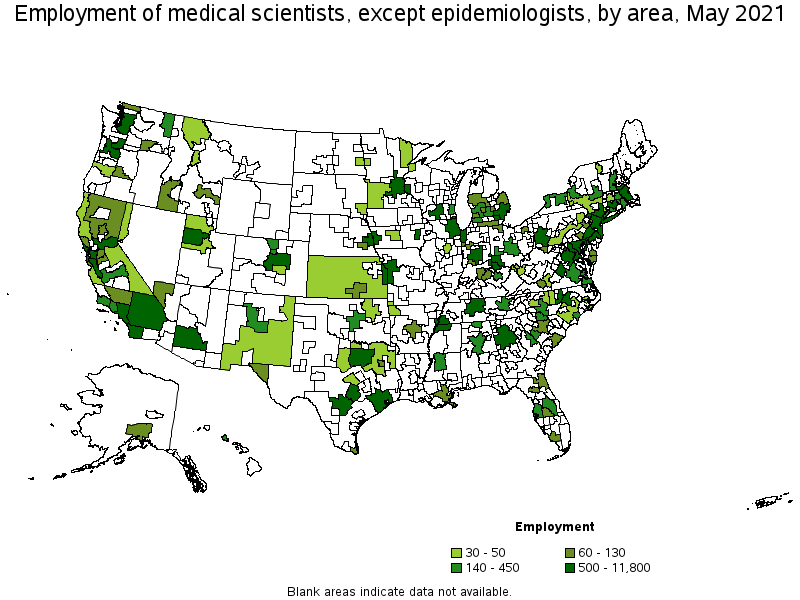 Map of employment of medical scientists, except epidemiologists by area, May 2021