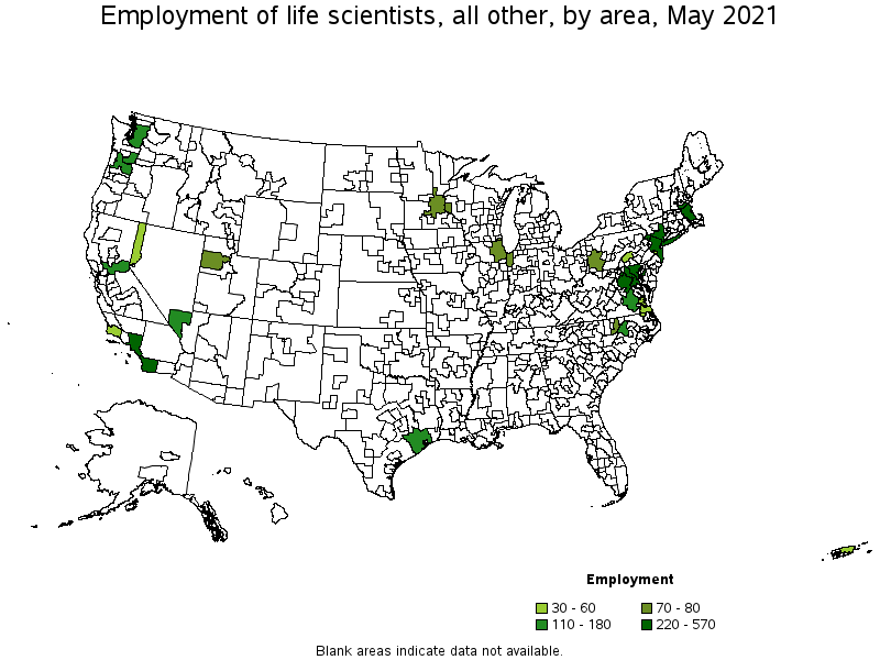 Map of employment of life scientists, all other by area, May 2021