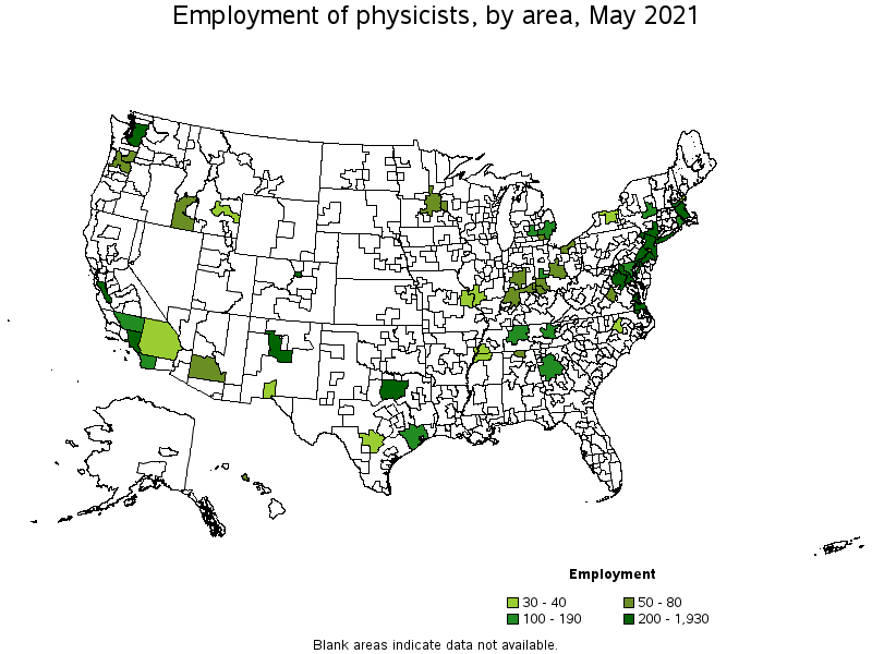 Map of employment of physicists by area, May 2021
