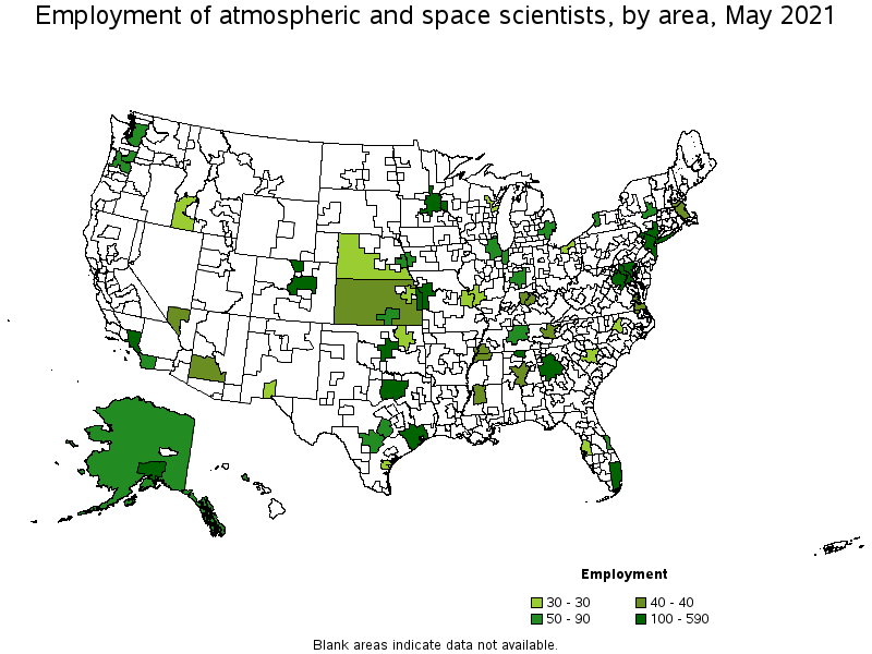 Map of employment of atmospheric and space scientists by area, May 2021
