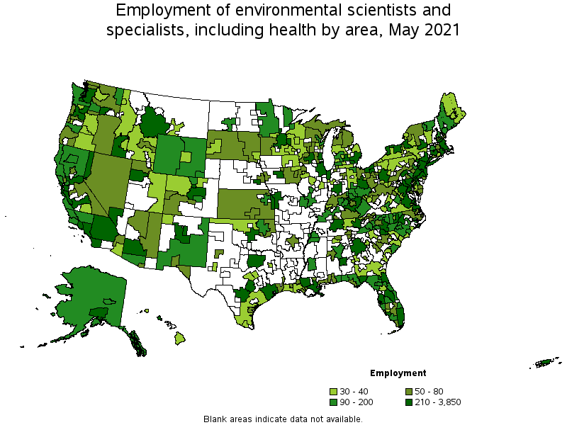 Map of employment of environmental scientists and specialists, including health by area, May 2021