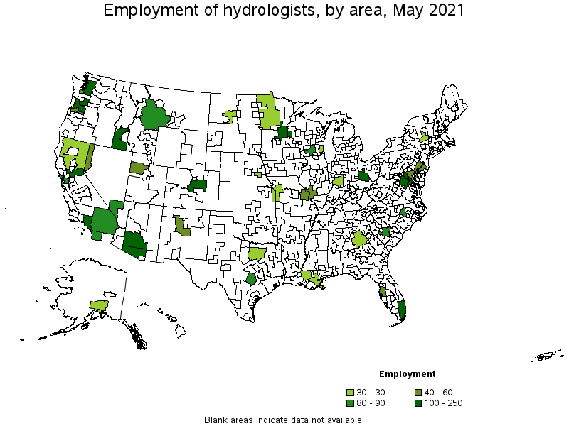 Map of employment of hydrologists by area, May 2021