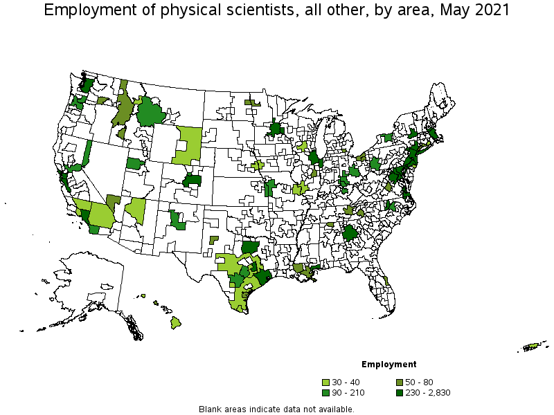 Map of employment of physical scientists, all other by area, May 2021