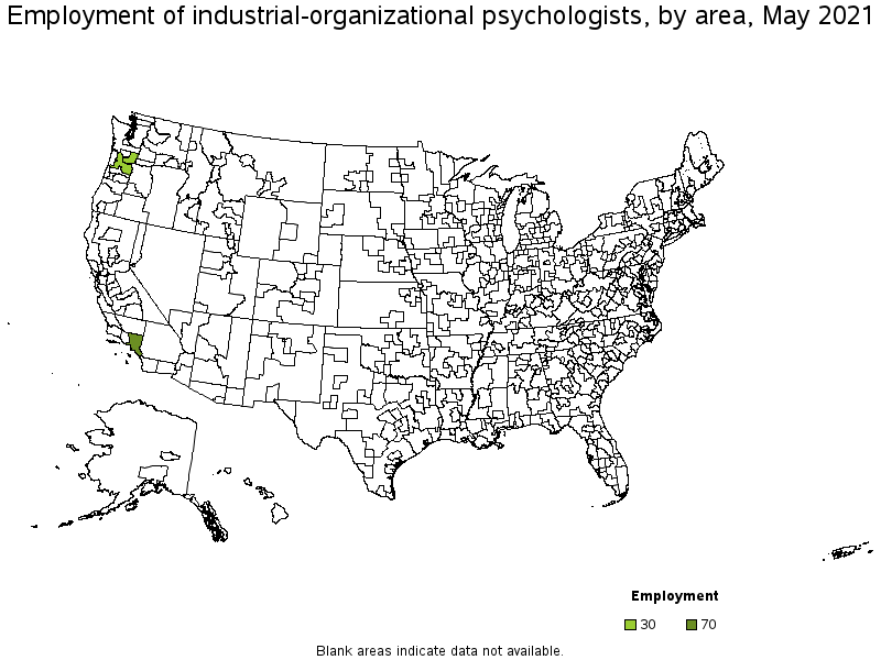 Map of employment of industrial-organizational psychologists by area, May 2021