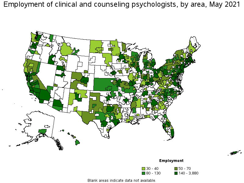 Map of employment of clinical and counseling psychologists by area, May 2021