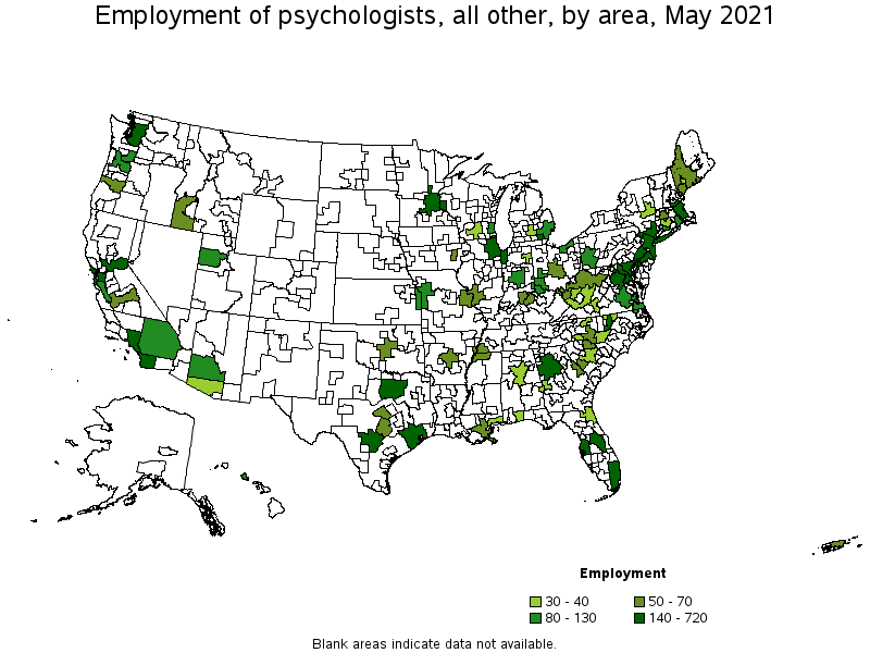 Map of employment of psychologists, all other by area, May 2021