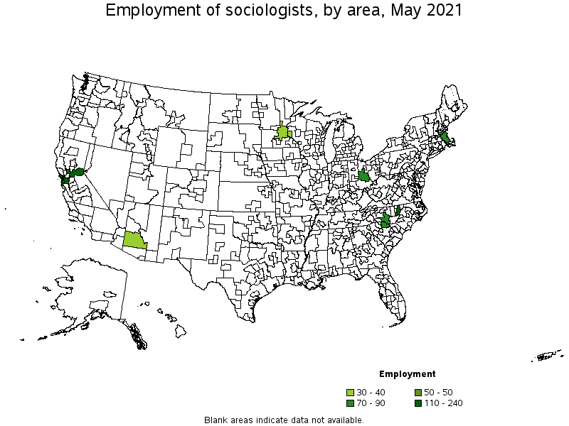 Map of employment of sociologists by area, May 2021
