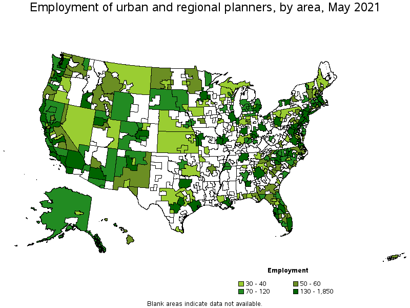 Map of employment of urban and regional planners by area, May 2021