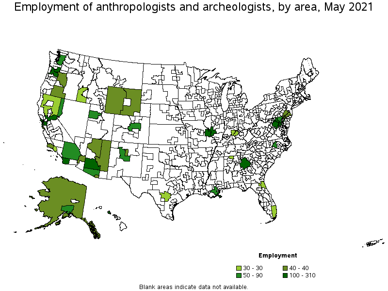 Map of employment of anthropologists and archeologists by area, May 2021