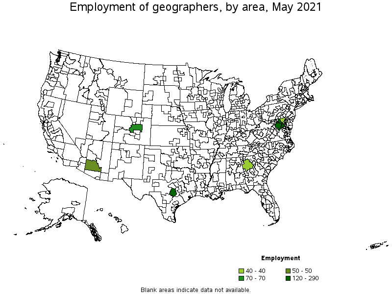 Map of employment of geographers by area, May 2021